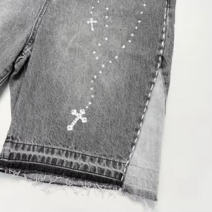 Shorts en jean pour hommes, logo personnalisé, style décontracté, délavage foncé, poches plaquées, coupe ample - Product Image 2