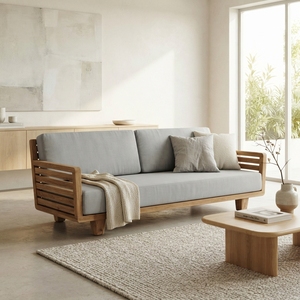 Premium wooden sunrise double <b>sofa</b> minimalist solid teak <b>wood</b> living room two seater couch grey light blue cushion seating units - Product Image 2