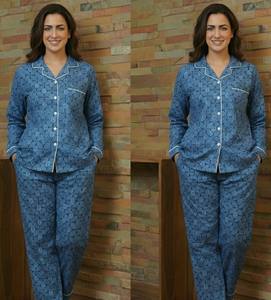 ชุดนอนผ้าฝ้ายทอมือสีครามสไตล์วินเทจสำหรับผู้หญิง ผลิตด้วยมือจากอินเดีย - Product Image 6