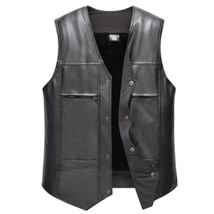 Chaleco sin Mangas de Cuero Negro para Hombre, con Parches, Botones a Presión, Bolsillos Laterales con Cremallera, Estilo Motero, para Todas las Temporadas - Product Image 1