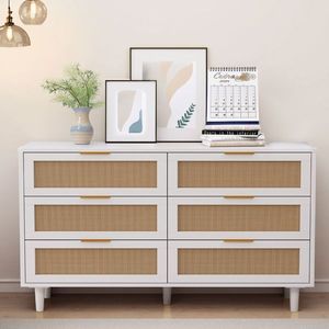 Mobile contenitore in rattan intrecciato con 6 ampi cassetti, bianco, per camera da letto, soggiorno, home bar, design costiero contemporaneo - Product Image 2