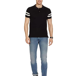 Chemise noire à manches courtes pour homme, manches à rayures blanches, imprimé décontracté, tissu en coton tricoté, séchage rapide, design avec poche - Product Image 4