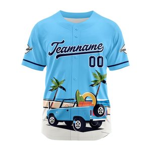 Custom Full Print <b>Baseball</b> Jersey Light Blue Summer Beach Truck Design Unisex Short Sleeve Button Closure Breathable Polyester - Product Image 2