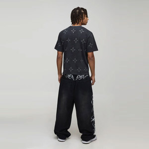 Camiseta de hombre personalizada con efecto lavado en spray, estilo retro, corte holgado, cuello redondo, con purpurina y adornos de pedrería, de manga corta para verano - Product Image 5
