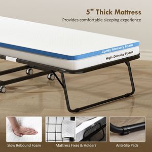 Letto Pieghevole Portatile Singolo con Materasso in Memory Foam e Telaio in Acciaio per Adulti, Bianco - Product Image 5