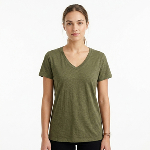 T-shirt pour femme à col en V, double couture de qualité industrielle, uni, avec logo de marque personnalisé imprimé, vêtements de sport pour femmes - Product Image 2