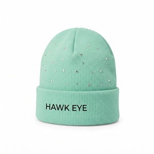 Bonnet en tricot acrylique unisexe vert menthe avec strass œil de faucon, style décontracté, 56-58 cm - Product Image 1
