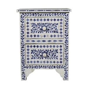 Contemporary blue and white botanical design bedside <b>chest</b> functioning as a decorative <b>2</b> <b>drawer</b> Capiz nightstand unit - Product Image 1