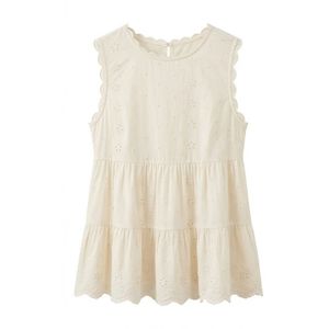 Blusa Romántica de Verano para Mujer, Color Marfil, con Volantes, Sin Mangas, Detalle de Ojales y Dobladillo Escalonado, Estilo Boutique - Product Image 1