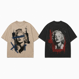 Camiseta Gráfica Oversize Vintage Lavada para Hombre y Mujer, Estilo Urbano, Desgastada, Corta, Harajuku Punk, Estampado de Cara de Estrella, Algodón - Product Image 2