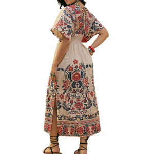 Vestido de Algodón 100% con Estampado Floral para Mujer, Largo hasta el Tobillo, con Abertura Lateral, Cintura Elástica, Estilo Casual y Modesto, Transpirable para Verano, OEM - Product Image 3