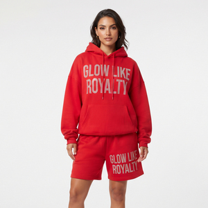 Conjunto de Sudadera con Capucha y Pantalones Cortos Holgados con Pedrería para Mujer, Casual, 100% Poliéster, Forro Polar, Manga Larga, Hombros Caídos, Ajuste Holgado - Product Image 6