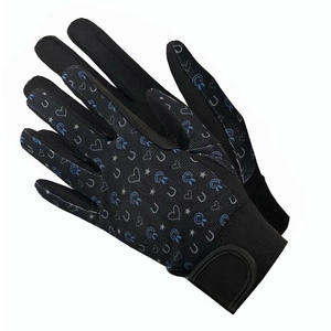 Gants d'équitation en cuir pour femmes, noir et bleu, motif fer à cheval, coupe classique, respirants, fermeture auto-agrippante, accessoires - Product Image 1