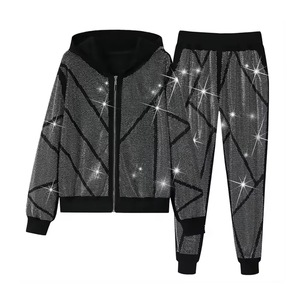 Ensemble de jogging pour femmes, imprimé pailleté géométrique, sweat à capuche avec fermeture éclair, manches longues, poches latérales, streetwear d'automne, polyester - Product Image 1