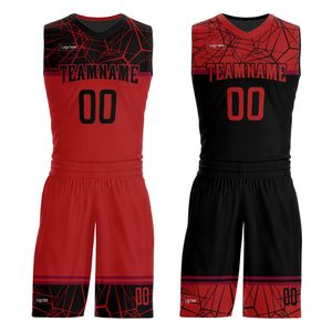 Camiseta de Baloncesto Sublimada Personalizada, Cuello en V, Sin Mangas, Estampado Geométrico Rojo y Negro, Uniforme de Malla Transpirable para Adultos Unisex - Product Image 1