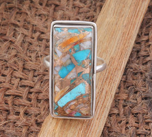 Bague rectangulaire en turquoise cuivrée naturelle de haute qualité, argent sterling 925, bijoux géométriques bohèmes en pierres précieuses pour femmes - Product Image 5