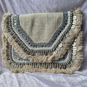 Pochette Bohème à Franges et Pièces de Monnaie, Sac à Main Tribal Perlé Ivoire, Sac de Plage Ethnique pour Femme, Mode Boutique - Product Image 1