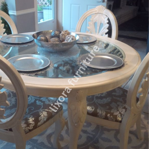 Luxury Handcrafted <b>White</b> Pearl 4 Seater <b>Round</b> Dining <b>Table</b> Set Ornate Carved Chairs Glass Top - Product Image 3
