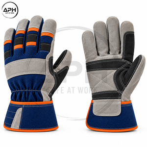 Grey Cow Split Leather Rigger Gloves Reinforced Palm Patch Blue Fabric Back Orange Piping Rubberized Cuff <b>Builder</b> Work Gloves - Product Image 2