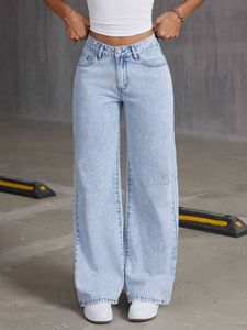 Jean décontracté taille mi-haute à jambe large en denim délavé écologique bleu clair uni en coton pleine longueur pour femme style streetwear - Product Image 1
