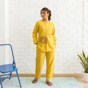 <b>Women</b>’s <b>Yellow</b> Cotton Two Piece Set Long Sleeve Round Neck <b>Top</b> Straight Pants Minimalist Printed Casual Comfortable Wear - Product Image 3