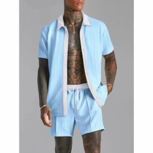 ชุดเซ็ตสองชิ้นสำหรับผู้ชาย เสื้อเชิ้ตแขนสั้นติดกระดุมคอปกตัดสี และกางเกงขาสั้นเอวยางยืด ชุดลำลองสำหรับฤดูร้อน - Product Image 3