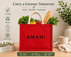 กระเป๋าช้อปปิ้งผ้ากระสอบพิมพ์ลายตัวอักษรสีแดงขนาดกลาง AMANI พร้อมหูหิ้วด้านบน ดีไซน์ทันสมัย เหมาะสำหรับเป็นของขวัญและใช้ในชีวิตประจำวัน - Product Image 5