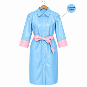 Robe chemise bleu clair Cosh International Sorority Sisterhood avec poignets contrastants roses et ceinture, longueur genou, tenue décontractée - Product Image 1