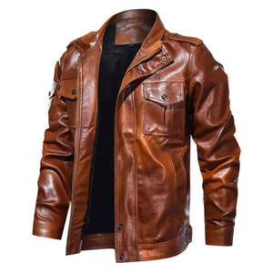 Veste moto en cuir véritable marron pour homme, col rabattu, simple boutonnage, manches classiques, couleur unie, pour l'automne - Product Image 2