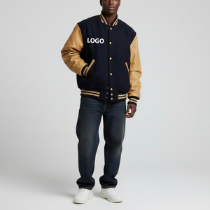 Blouson universitaire bleu marine pour homme avec manches dorées, logo frontal imprimé par transfert thermique, coupe décontractée, col rabattable, idéal pour l'automne - Product Image 1