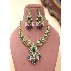 Ensemble collier et boucles d'oreilles vintage plaqué or avec pierres en zircon et perles pour femmes, bijoux de mariage - Product Image 2