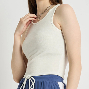 Camiseta sin mangas de punto con cuello redondo para mujer, color blanco, informal, transpirable, mezcla de algodón y spandex, corta - Product Image 3