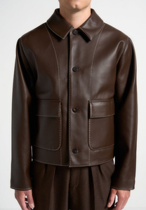 Chaqueta de Cuero Marrón para Hombre, Estilo Workwear, Cuello Camisero, Cierre de Botón, Corte Regular, Color Sólido, Cuero Genuino - Product Image 4