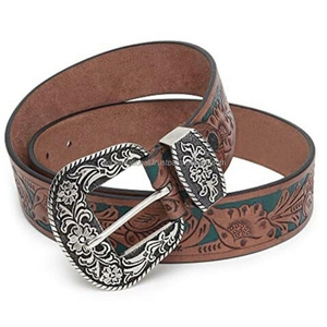 Elegante cinturón de herramientas de cuero occidental hecho a mano para hombres y mujeres con hebilla de latón grabada Floral de diseñador intercambiable - Product Image 1