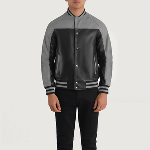 Men's Black And Gray PU <b>Leather</b> Bomber <b>Jacket</b> Stand Collar Button Closure Color Blocking Casual Style Autumn Wear - Product Image 3