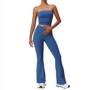 Women's Strapless Solid Blue Mid Waist Flared Leg Pants Yoga Set with <b>Crystal</b> Side Stripe Seamless Activewear Workout Outfit - Product Image 2