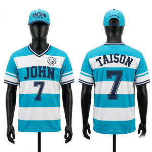 Maillot rétro en maille polyester premium 180 GSM, panneaux rayés bleu sarcelle et blanc, respirant, logo personnalisé par sublimation - Product Image 1