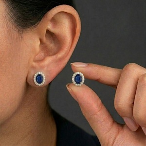 Pendientes de Oro Amarillo Sólido de 18K de Alta Calidad con Zafiro Azul Natural y Diamantes, Corte Ovalado, Regalo de Lujo para Esposa - Product Image 3