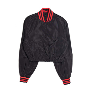 Veste Courte en Satin Noir de Qualité Supérieure pour Femme, Col Côtelé Rayé Rouge, Boutons Pression, Fournisseur OEM en Gros - Product Image 1