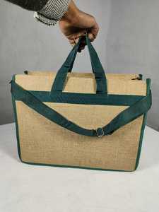 Eco Friendly Jute Laptop Messenger Crossbody Adjustable Multiple Front Pockets Durable Handles <b>Reusable</b> Office Carry Bag - Product Image 3