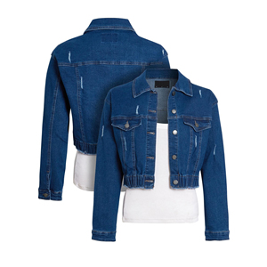 Women <b>Cropped</b> Blue <b>Denim</b> <b>Jacket</b> Elastic Hem Button Front Long Sleeve Casual Fashion Jean Outerwear - Product Image 4
