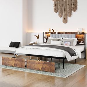 <b>LED</b> <b>Lights</b> Upholstered King Size Bed Frame with 2 Storage Drawers Charging Station No <b>Box</b> Required - Product Image 5