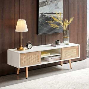 Mobile TV in Legno Massello da 140 cm con Ripiano Regolabile, Doppie Ante Scorrevoli, Finitura in Rattan, Consolle per Soggiorno con Dettagli Bianchi - Product Image 6