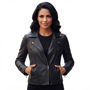 Veste en cuir véritable pour femmes, style motard, logo personnalisé, coupe ajustée, noire, fabricant de vestes en cuir pour moto - Product Image 1