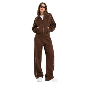 Wholesale Custom Premium Athleisure Set Stand Collar Zip <b>Jacket</b> Hoodies Contrast Piping Fleece Tracksuit Relaxed Fit Trousers - Product Image 1