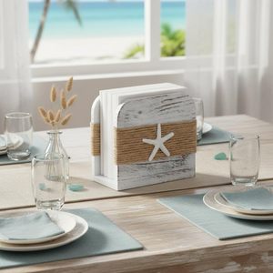 Porte-serviettes en bois naturel, style ferme, distributeur de mouchoirs vertical en bois pour cuisine, salle à manger, table, style plage - Product Image 6