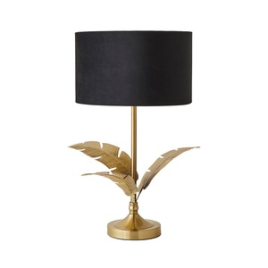 Palm Crest Metal Table Lamp with Decorative Leaf Base Black <b>Drum</b> <b>Shade</b> Brushed Gold Finish Warm Ambient <b>Lighting</b> - Product Image 3