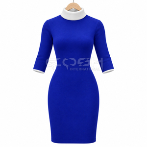 Cosh International Sorority Sisterhood Blue Knitted Turtleneck Bodycon Dress Three Quarter Sleeve Contrast Cuffs <b>Knee</b>-Length - Product Image 5