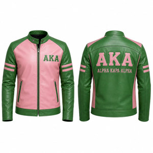 Blouson Bomber en Cuir Rose Brodé Alpha Kappa Alpha AKA pour Homme, Col Rabattu Décontracté, Fermeture Éclair, Logo Arrière 1908 - Product Image 1