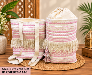 Sac à dos bohème en coton tissé fait main avec franges et pompons, sac de voyage à cordon, léger, décontracté, pour l'université et la plage - Product Image 3